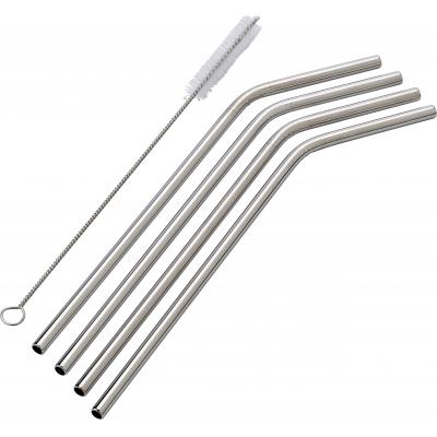 Image of Four stainless steel, environmentally friendly drinking straws. Length of the straws is 23 . The set includes a cleaning brush.